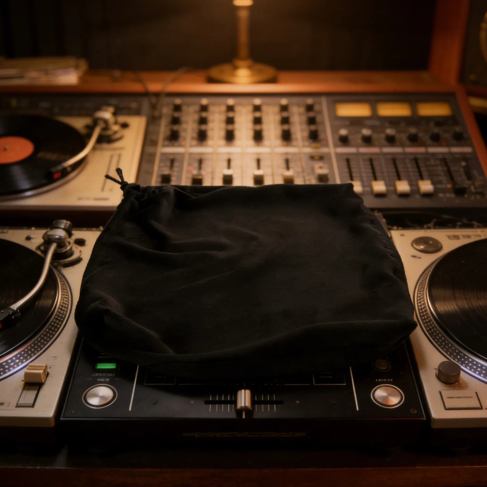 Black velvet console dust guard bag with stretchy elastic band resting on dj sound mixer for dustproof protection