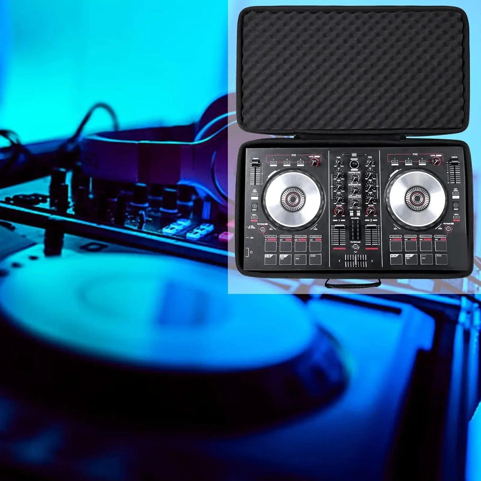 Black eva dj controller case with foam cushioning sponge safety for ddj-flx4 featuring two silver platter decks and knobs