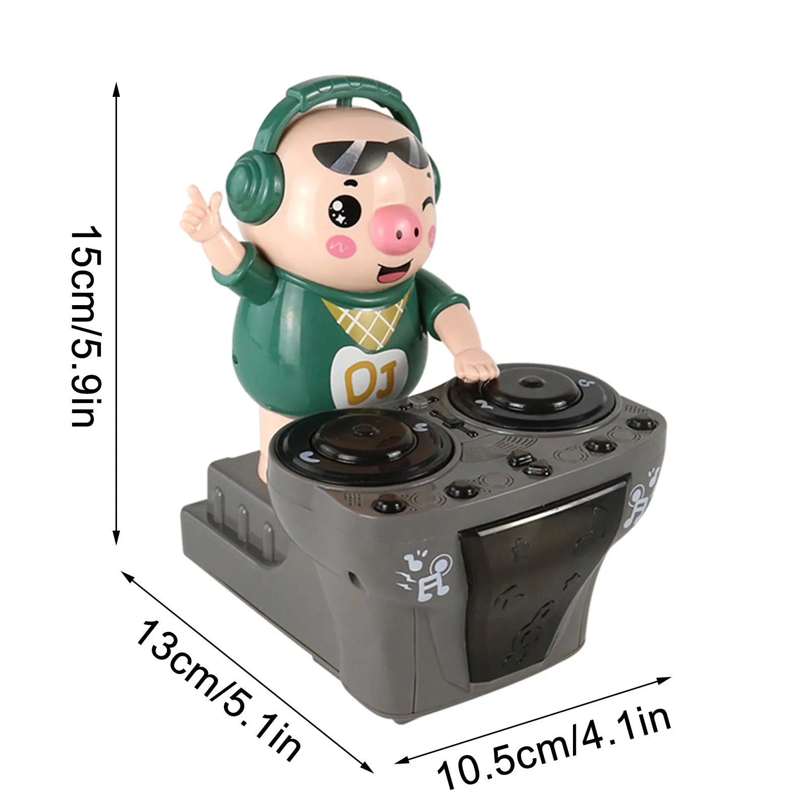 Green plastic electric music dancing pig toy wearing headphones on gray turntable base for children’s play