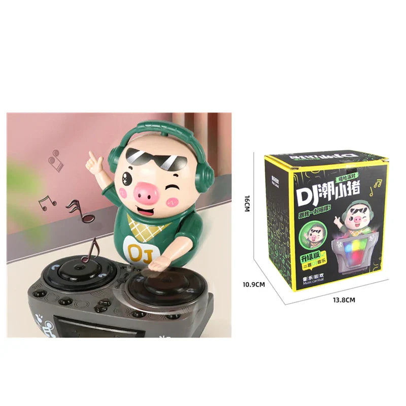 Green plastic electric music dancing pig toy figurine wearing headphones on gray turntable base for kids