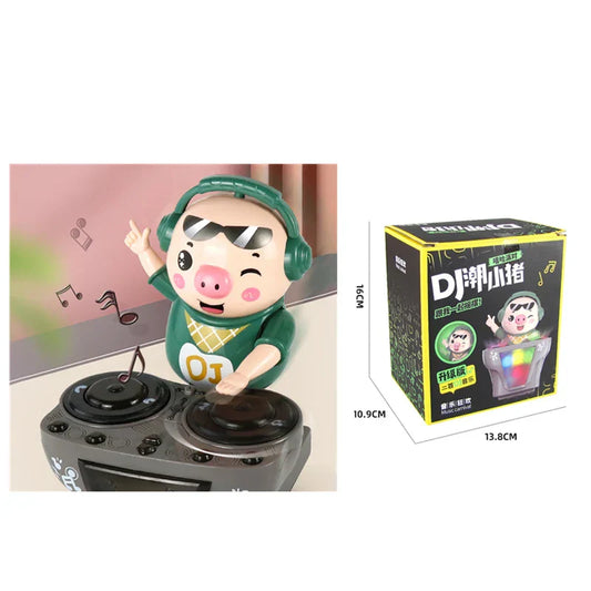 Green plastic electric music dancing pig toy figurine wearing headphones on gray turntable base for kids