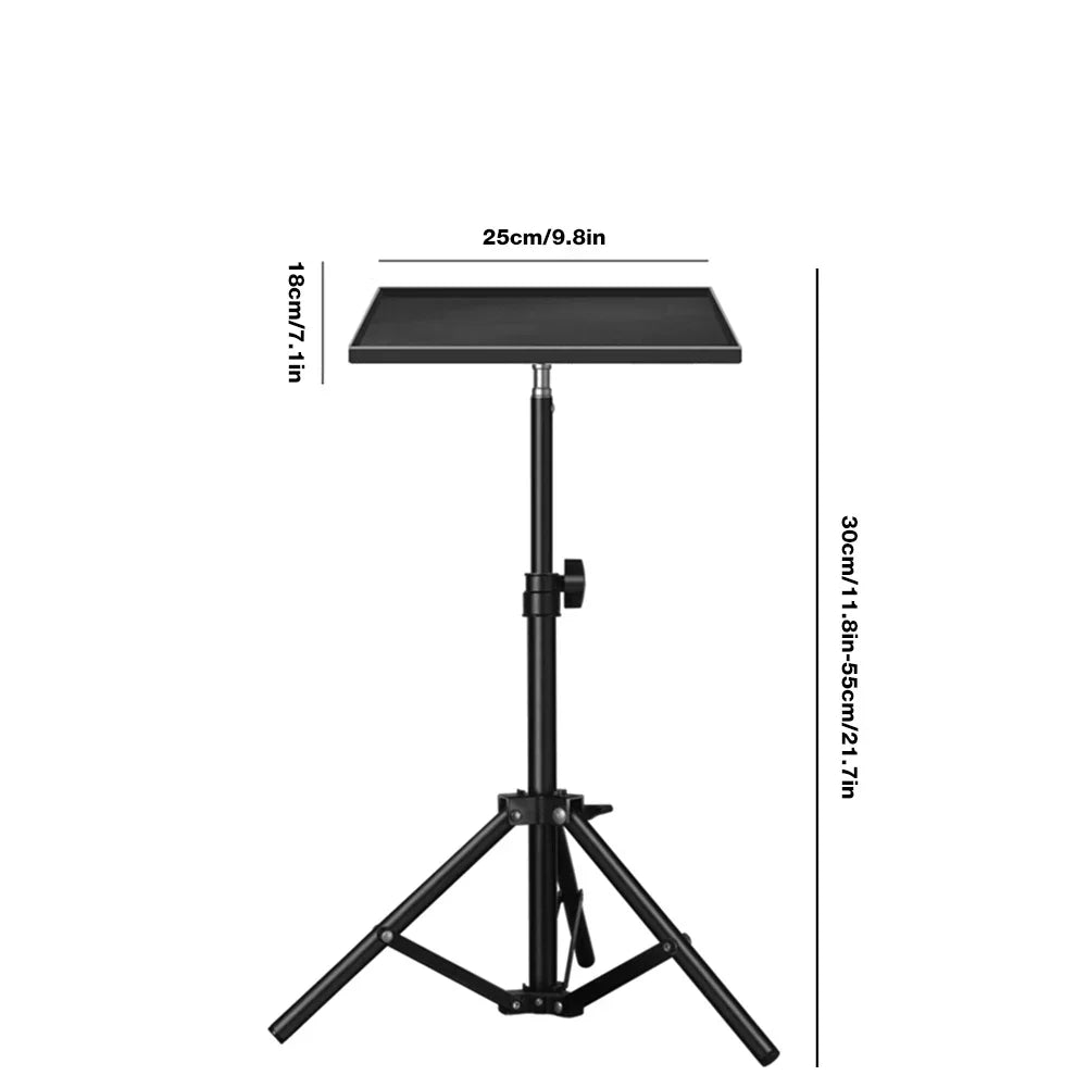 Black adjustable height floor projector stand with telescopic rod standing and rectangular tray 55cm tripod base