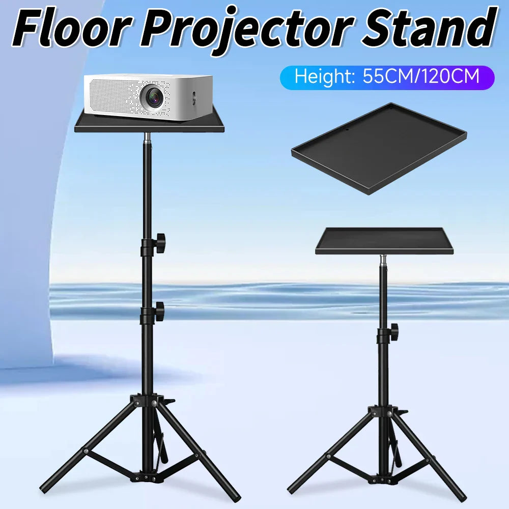 Black adjustable floor projector stand with tripod base and telescopic rod standing at 55cm and 120cm height settings