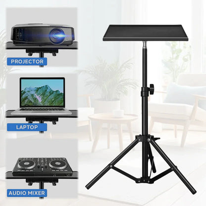 Black adjustable floor projector stand with 55cm telescopic rod standing and flat top surface for holding equipment