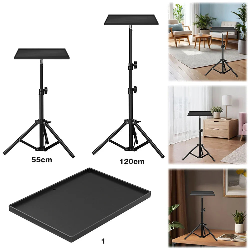 Black adjustable height floor projector stand with rectangular tray top and telescopic rod standing 55cm