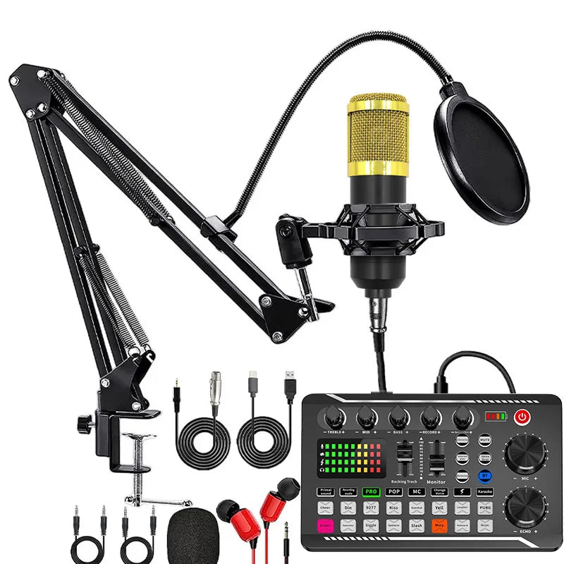 Gold and black condenser equipment microphone sound with pop filter on adjustable arm for card console studio use