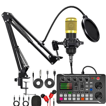 Gold and black condenser equipment microphone sound with pop filter on adjustable arm for card console studio use