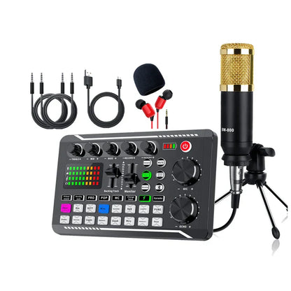Black and gold bm-800 condenser equipment microphone sound with mesh grille on tripod for card console studio phone mixing computer