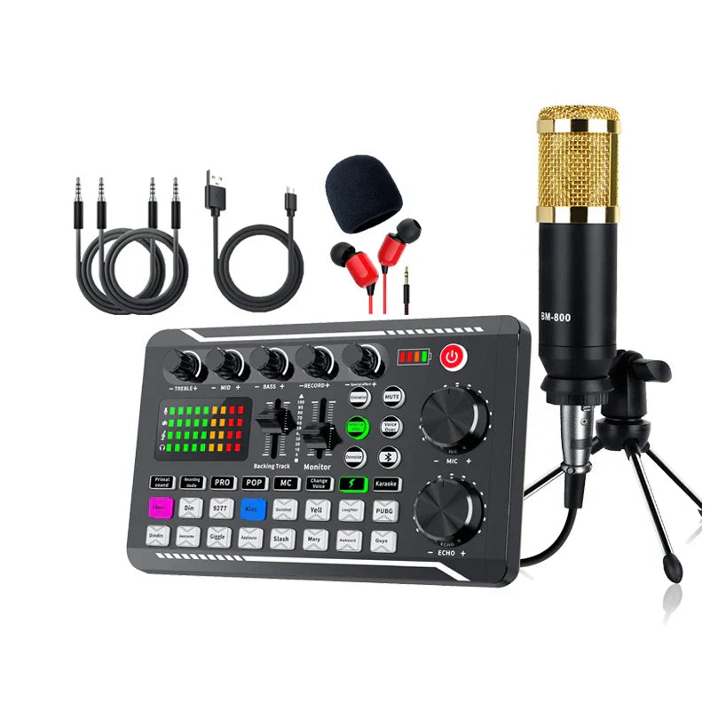 Black and gold bm-800 condenser equipment microphone sound with mesh grille on tripod stand for phone mixing computer use