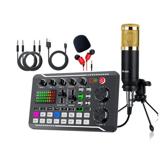 Black and gold bm-800 usb microphone with mesh grille on tripod stand for studio use with sound card console kit