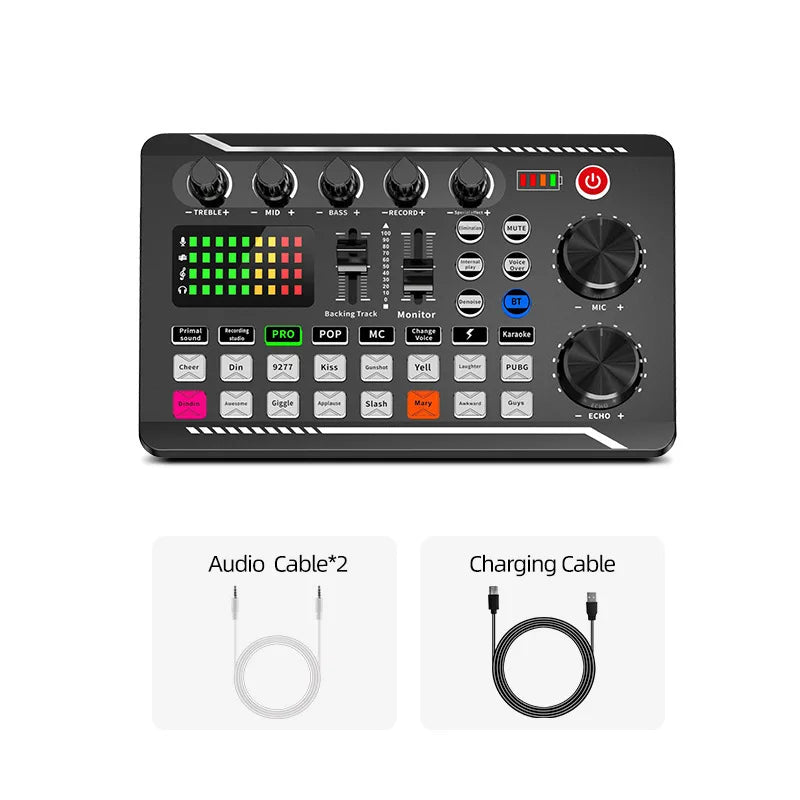 Black rectangular equipment microphone sound card console studio with knobs buttons and colorful led display for phone mixing computer