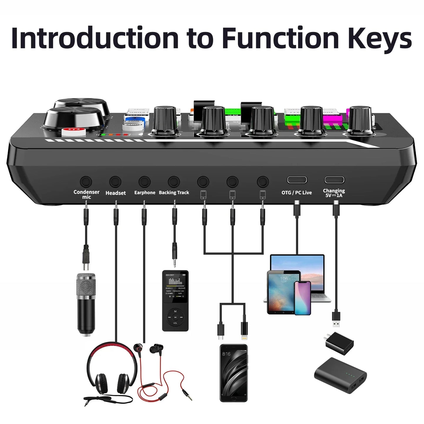 Black equipment microphone sound card console studio with multiple knobs for phone mixing computer live voice mixer