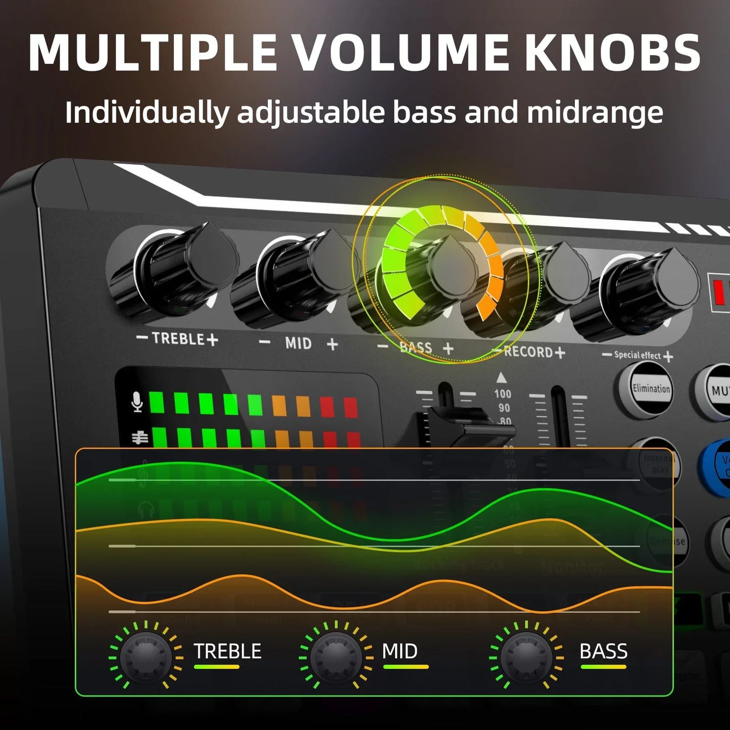 Black audio mixer with multiple bass and midrange knobs and glowing led indicators for phone mixing computer use