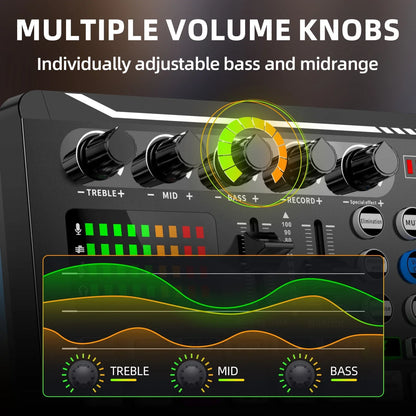 Black dj sound card console studio equipment microphone sound with multiple knobs and led indicators for phone mixing computer use