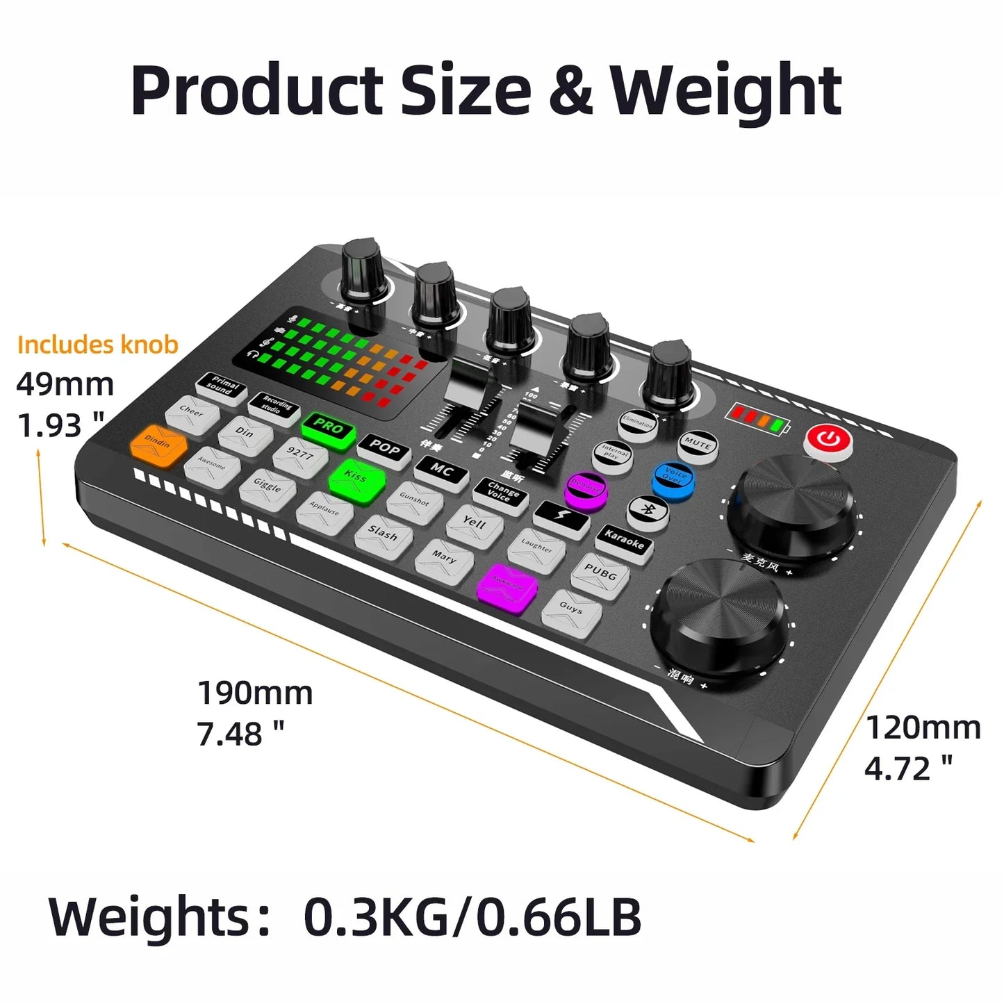Black rectangular equipment microphone sound card console studio mixer with colorful buttons and led display for phone mixing computer