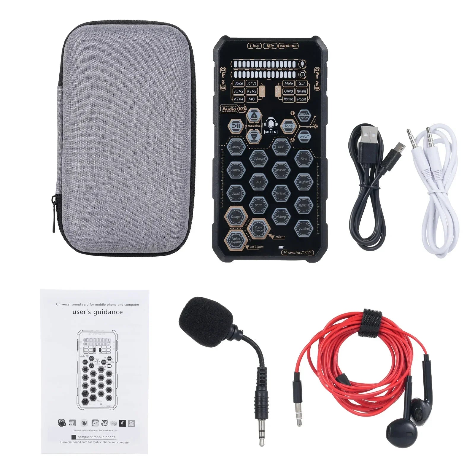 Black hexagonal equipment k9 handheld audio interface with labeled controls gray carrying case red earphones and microphone for podcasting broadcasting singing and karaoke equipment