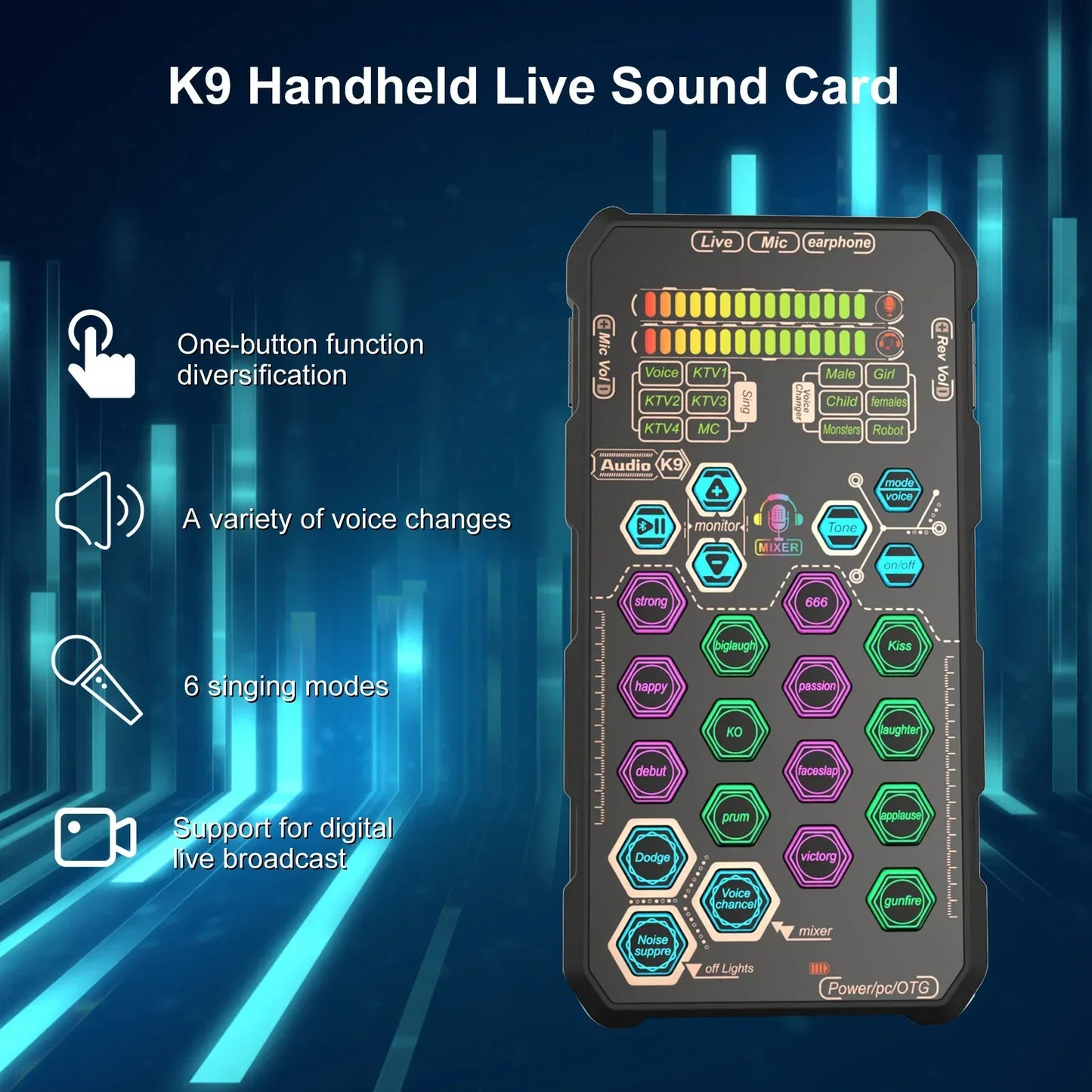Black k9 handheld live sound card with colorful illuminated buttons and digital display for karaoke equipment and podcasting broadcasting singing