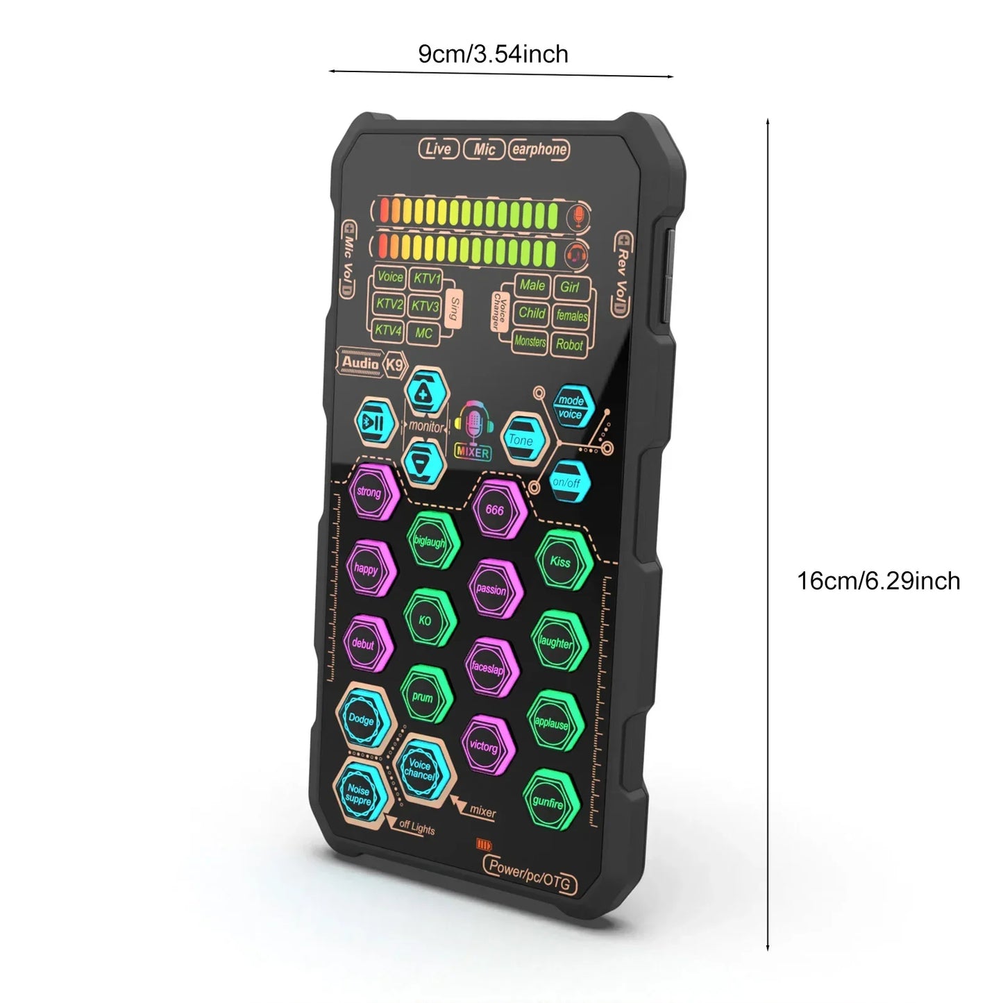 Black handheld audio mixer with colorful illuminated buttons and led displays for karaoke equipment k9 handheld podacsting broadcasting singing