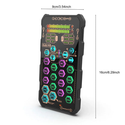 Black handheld audio mixer with colorful illuminated buttons and led displays for karaoke equipment k9 handheld podacsting broadcasting singing