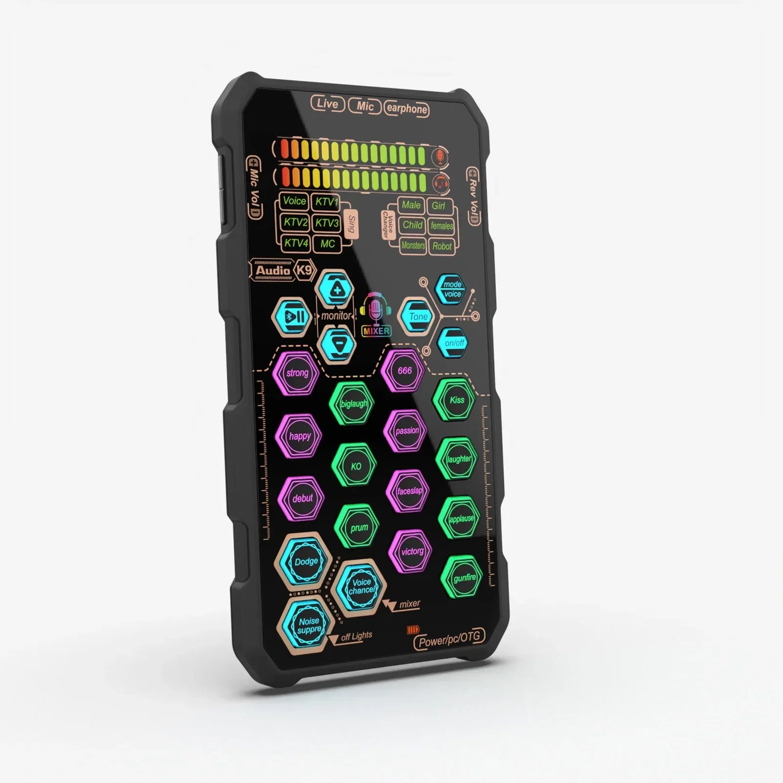 Black audio k9 portable dj controller with colorful backlit hexagonal buttons and led display for podcasting broadcasting singing karaoke equipment k9 handheld