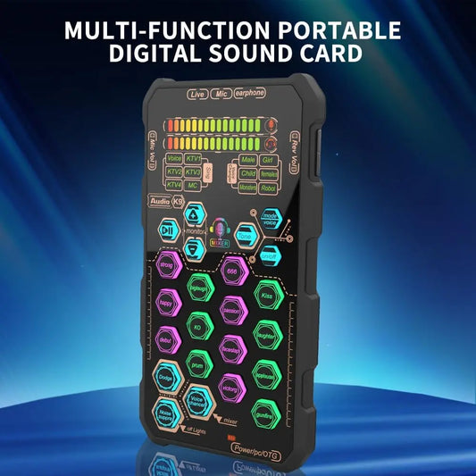 Black multi-function equipment k9 handheld digital sound card with colorful illuminated buttons for podacsting broadcasting singing