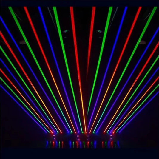 Vibrant multicolored laser beams from dj laser projector 6x500mw beam lasers dmx control moving head lights display