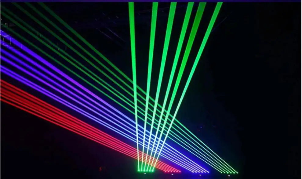 Vibrant green red and purple laser beams from laser projector 6x500mw with dmx control moving dmx beam lasers display
