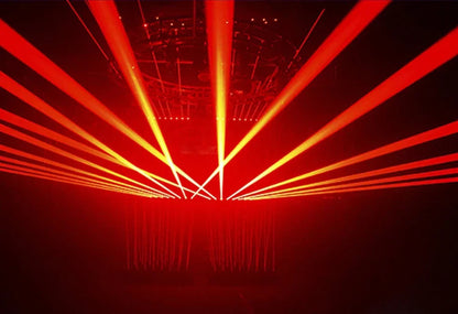 Vibrant red and orange laser beams from a dj laser projector 6x500mw eyes beam lasers with dmx control moving head lights