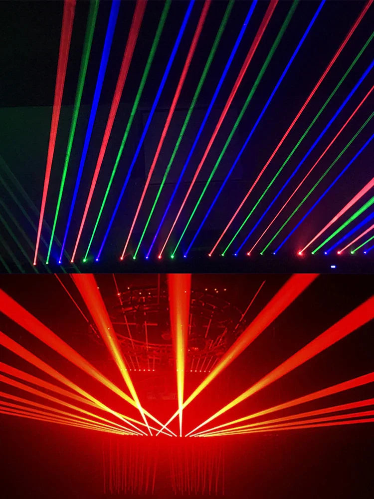 Dj laser projector 6x500mw with vibrant red blue green eyes beam lasers and dmx control moving head lights on dark stage