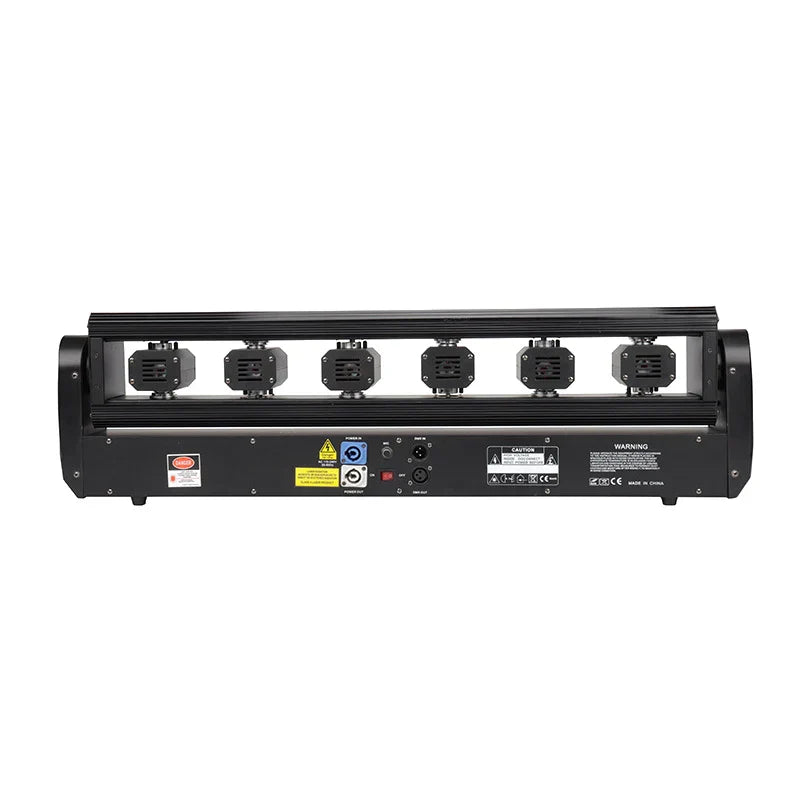 Black laser projector 6x500mw bar light with six rectangular fixtures and dmx control moving ports shown from back side