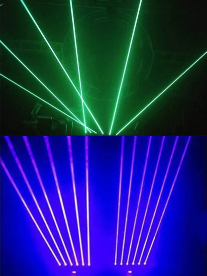 Dj laser projector 6x500mw with vibrant green and purple eyes beam lasers and dmx control moving head lights on stage