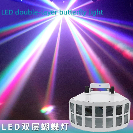 White led double-layer butterfly light with hexagonal aluminum alloy stage housing and multiple glass panels color double layer