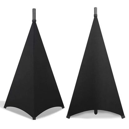 Black triangular speaker stand cover with matte finish and sturdy metal tops height flexible stretchable floor equipment tool