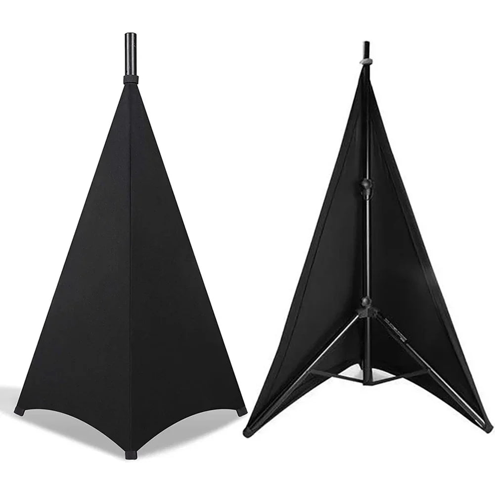Black triangular dj light speaker stand cover displayed upright and fully assembled with height flexible stretchable tripod legs
