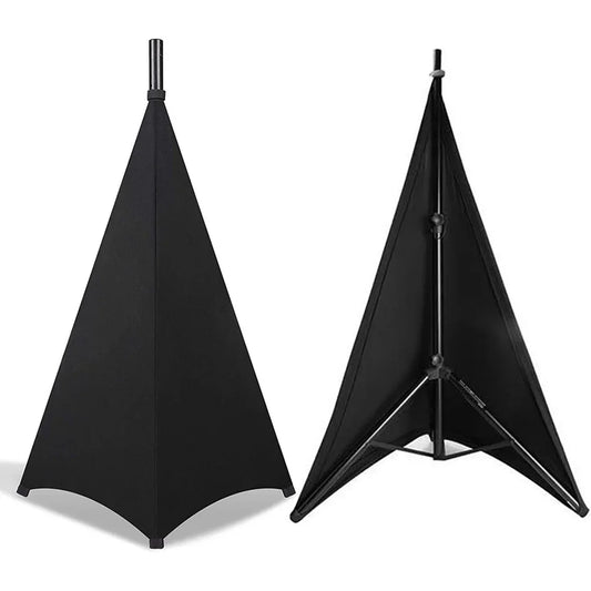 Black triangular dj light speaker stand cover displayed upright and fully assembled with height flexible stretchable tripod legs