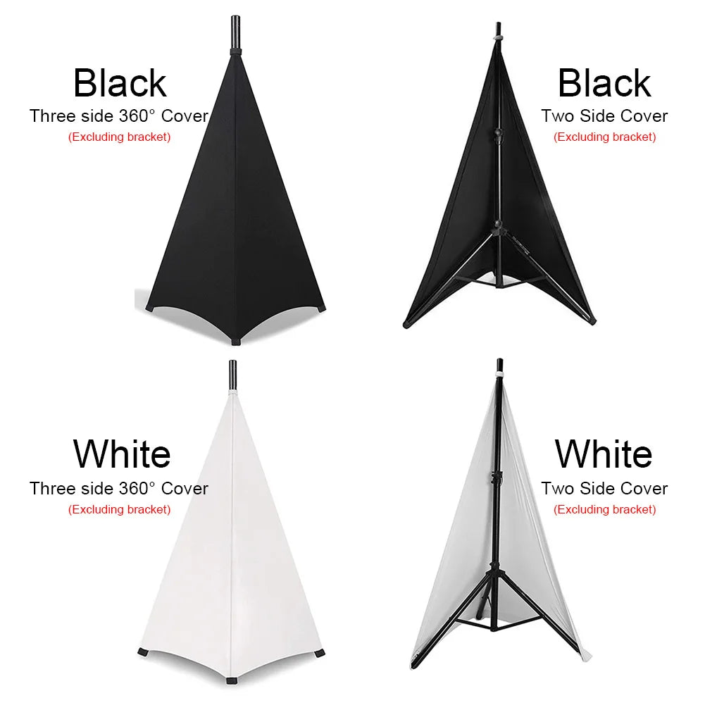 Black and white triangular speaker stand cover with height flexible stretchable fabric for floor equipment tool use