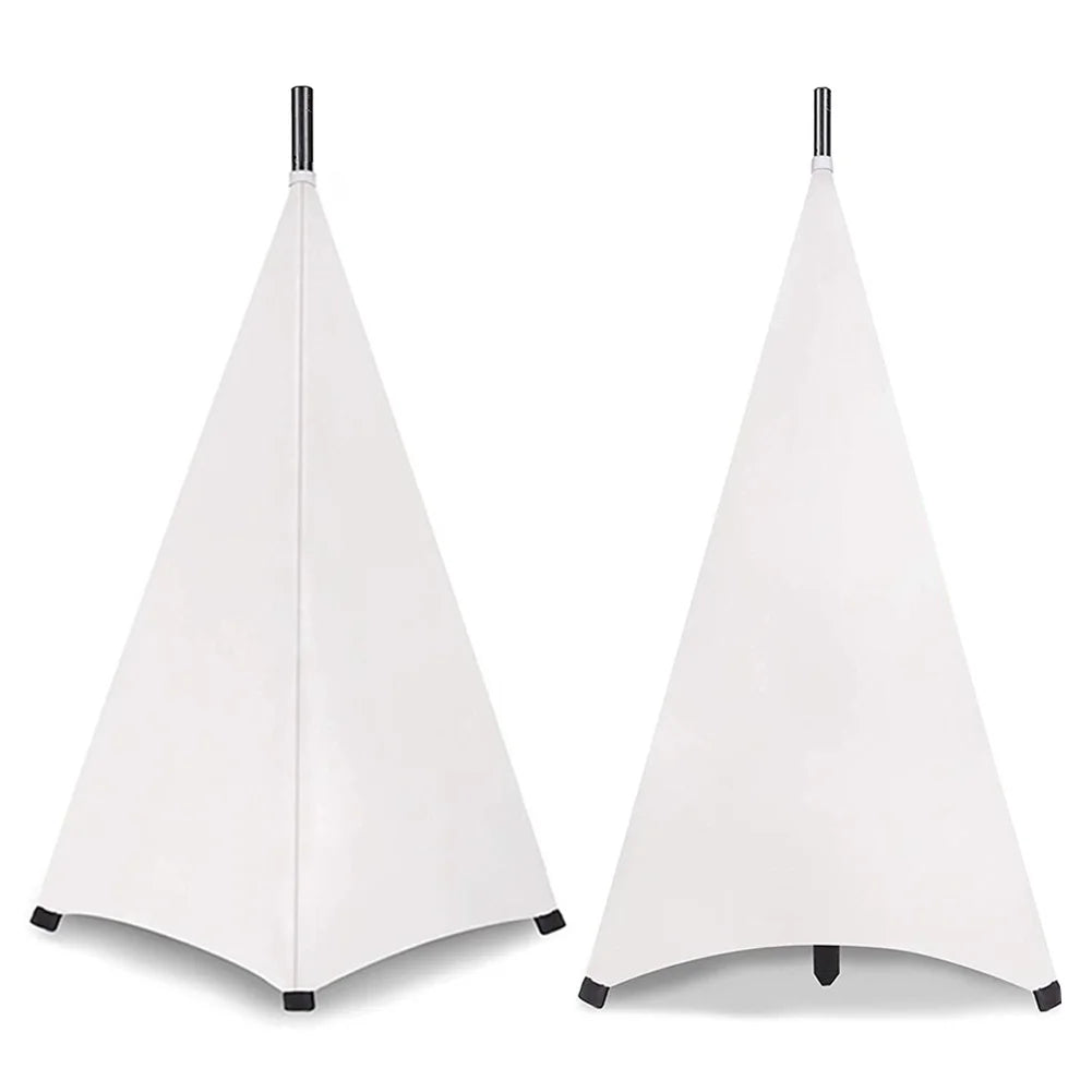 Two white cone-shaped studio lighting umbrellas with black caps and feet used as height flexible stretchable speaker stand cover floor equipment tool