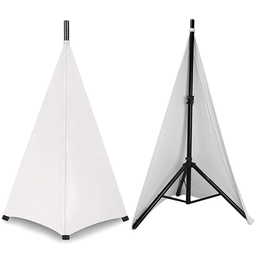 White triangular softbox lighting diffuser with black metal stand for height flexible stretchable speaker stand cover floor equipment tool