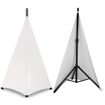 White triangular softbox lighting diffuser with black metal stand for height flexible stretchable speaker stand cover floor equipment tool