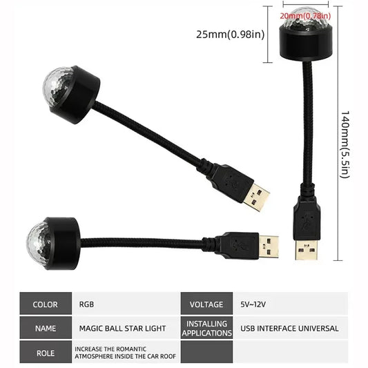 Black usb mini disco ball lights with faceted crystal dome and flexible cord for car roof lighting sound party ambiance
