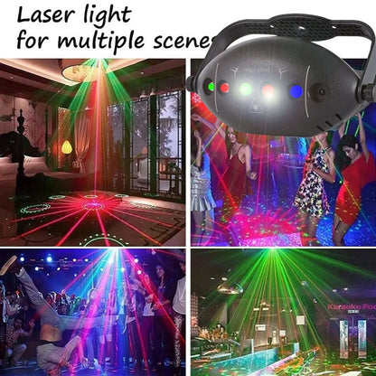 Black laser light projector with green red and blue led indicators featuring led backlight flashing patterns for disco ball lights