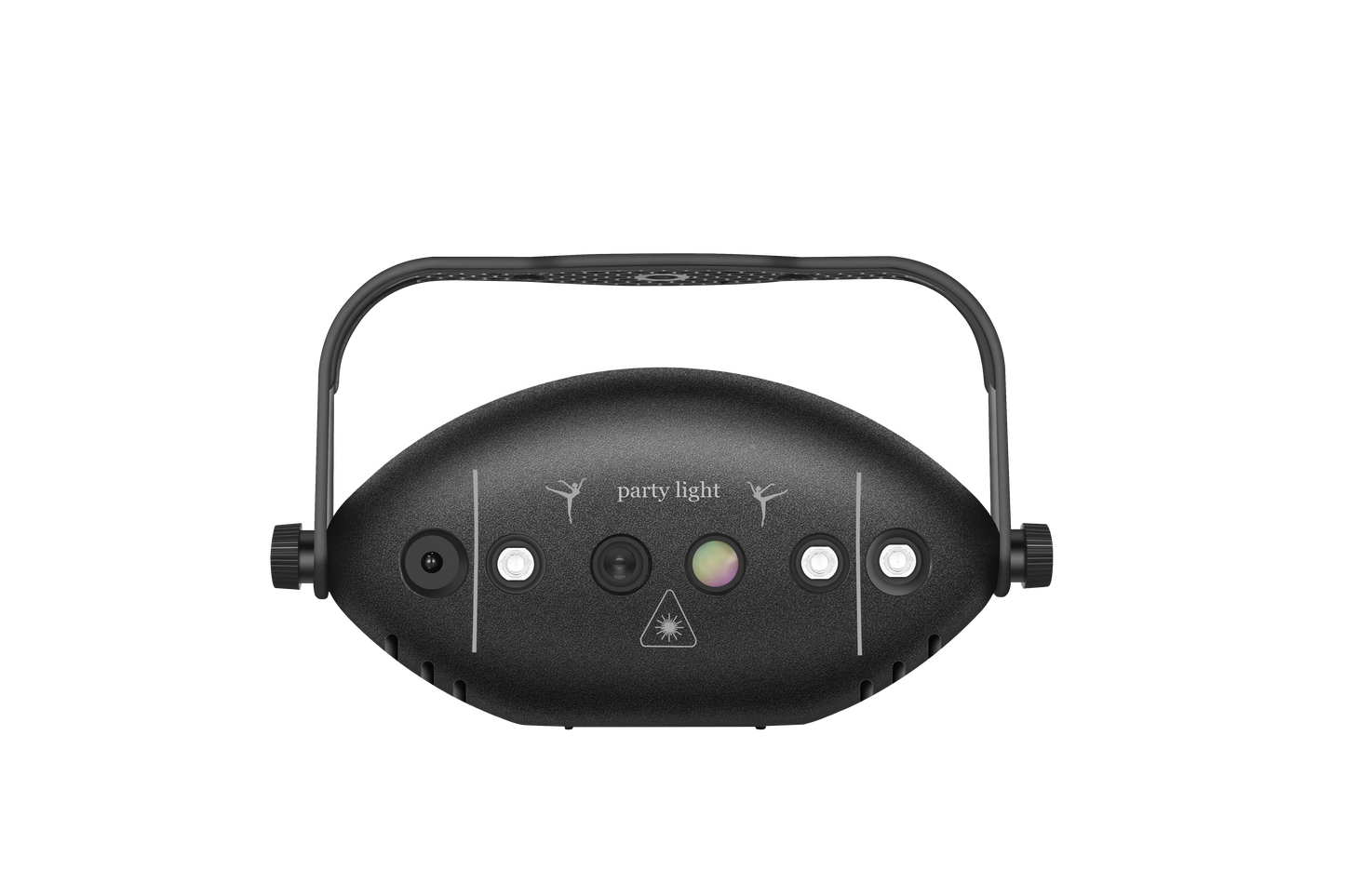 Black oval-shaped party light with handle control buttons and party light logo featuring led backlight flashing patterns for disco ball lights
