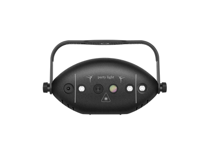 Black oval-shaped party light with handle control buttons and party light logo featuring led backlight flashing patterns for disco ball lights