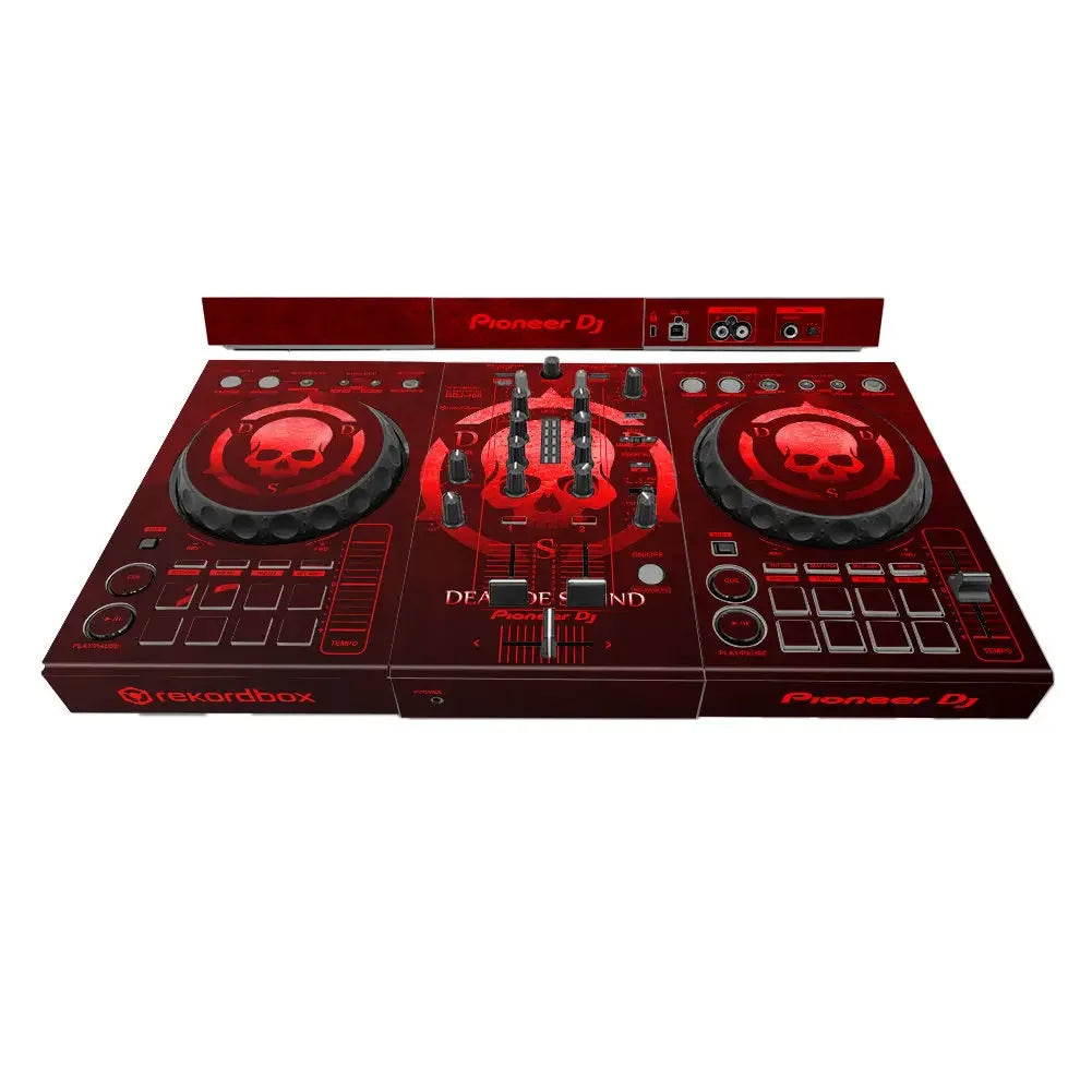 Red pioneer ddj-400 sb3 dj player with skull-themed machine protective film and black knobs for type beat music use