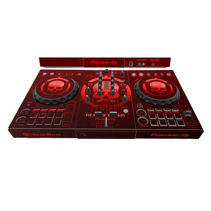 Red pioneer ddj-400 sb3 dj player with skull-themed machine protective film and black knobs for type beat music use