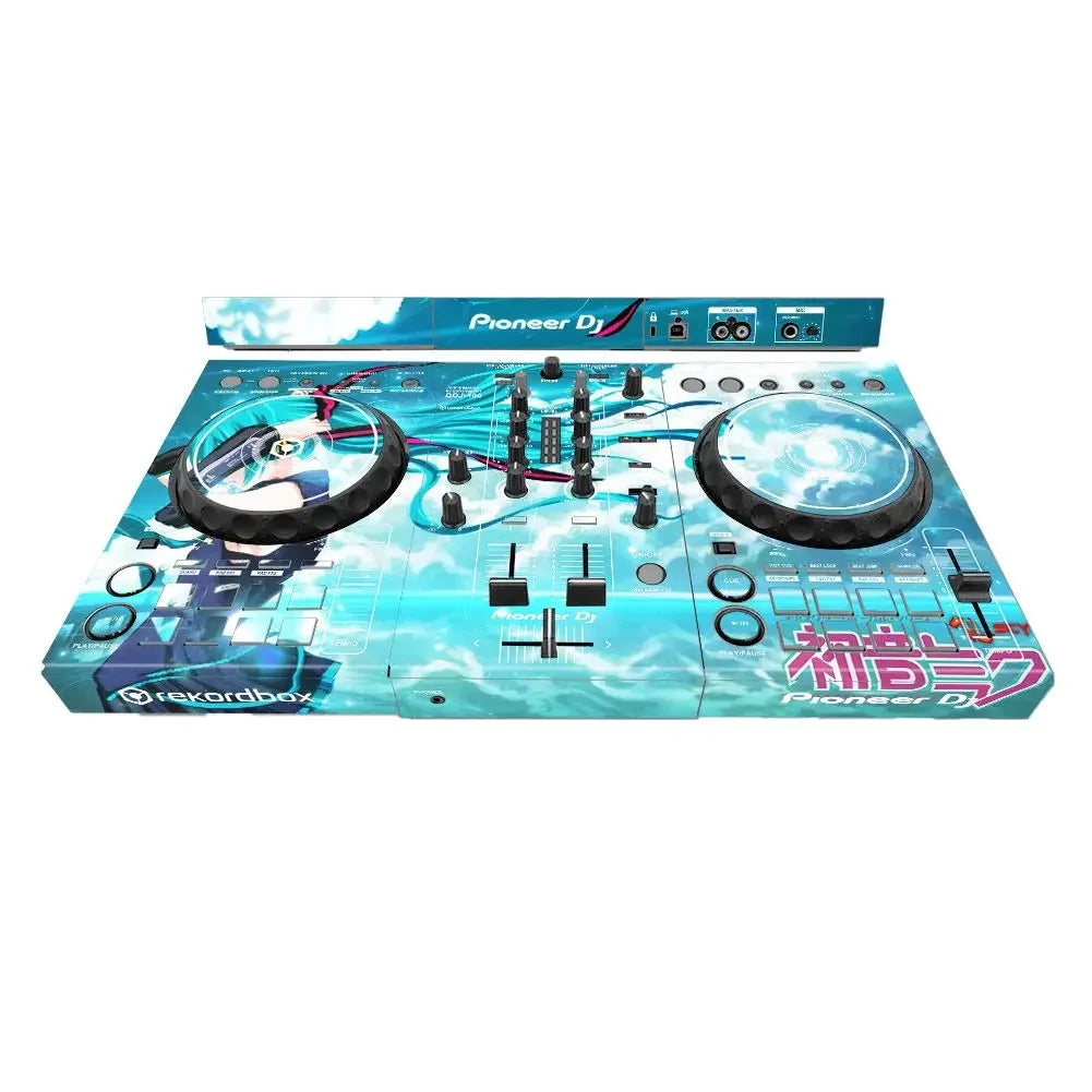 Vibrant turquoise and black pioneer ddj-400 sb3 dj player machine protective film with anime design and glowing blue accents