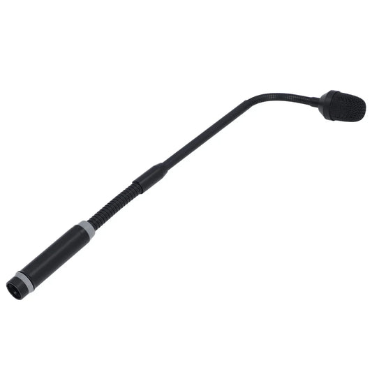 Black dynamic gooseneck microphone with flexible segmented neck and 3 pin male xlr for stage performances and studios
