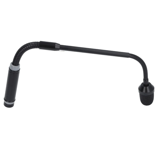 Black dynamic gooseneck microphone with flexible tubing and mesh head for stage performances and conference rooms
