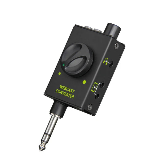 Black rectangular dj mixer live streaming adapter with large knob green leds and multiple ports for conversation karaoke recording