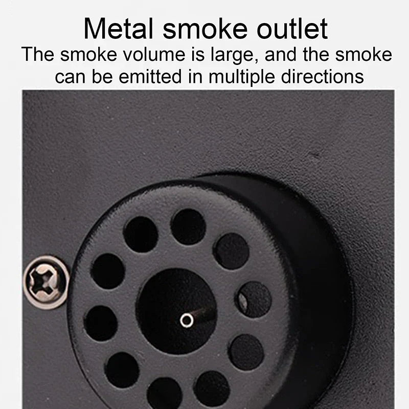 Black metal smoke outlet with multiple circular vents on back of party automatic smoke control 400w mini fog machine disco device